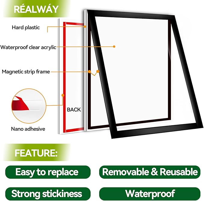 8.5" x 11" Acrylic Sign Holder Wall Mount, Plastic Magnetic Display Frame With Tape,Clear Plexiglass Self-adhesive Plastic Display Frame, Door/Window Sign Holder 3 pack No Drilling