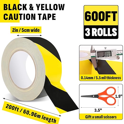 3 Roll Black & Yellow Caution Tape, 2'' x 600 FT Total Length Safety Tape, Black & Yellow Floor Marking Tapes, High Adhesive Hazard Tapes for Floors, Walls, Staircase, Pipes, Equipment, Dangerous Area