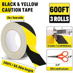 3 Roll Black & Yellow Caution Tape, 2'' x 600 FT Total Length Safety Tape, Black & Yellow Floor Marking Tapes, High Adhesive Hazard Tapes for Floors, Walls, Staircase, Pipes, Equipment, Dangerous Area