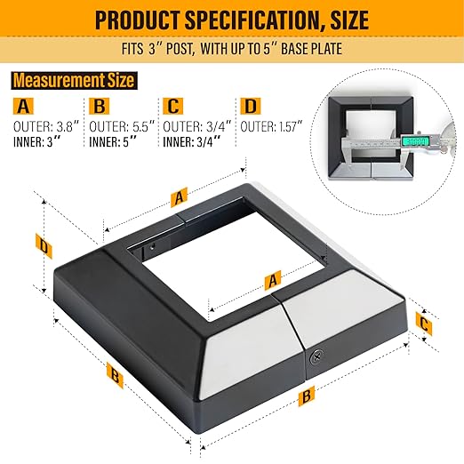 3.0"x3.0"（Actual: 3.0"x3.0"） Deck Post Base Cover Decorative Post Base Trim Skirt Black Aluminum 12Pack