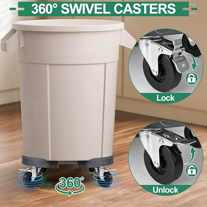 ToLanbbt Trash Can Dolly with 3 in Upgraded Wheels, 15-19 in Adjustable Round Furniture Dolly, Heavy Duty 480 LBS Drum Rolling Base, Keg Dolly for 20, 32, 44, 55 Gallon Garbage Cans, Gray, 1 Pack