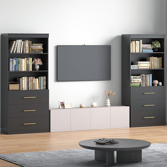 Winkalon 71" Tall Black Bookshelf with Drawers, Bookcase and Bookshelf with 3-Tier Open Shelves, Tall Bookcase Tall Storage Cabinet for Home Office Living Room, 15.8" D x 31.5" W x 71" H