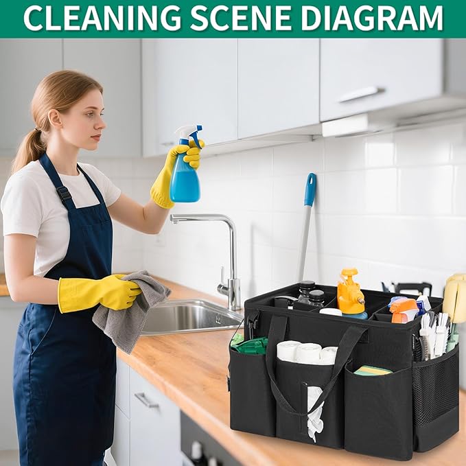 Wearable Cleaning Caddy Bag for Cleaning Supplies, Large Capacity Cleaning Organizer Tote Bag Simple Kitchen Cleaning Supplies Storage Bag for Cleaners Housekeepers (Black)