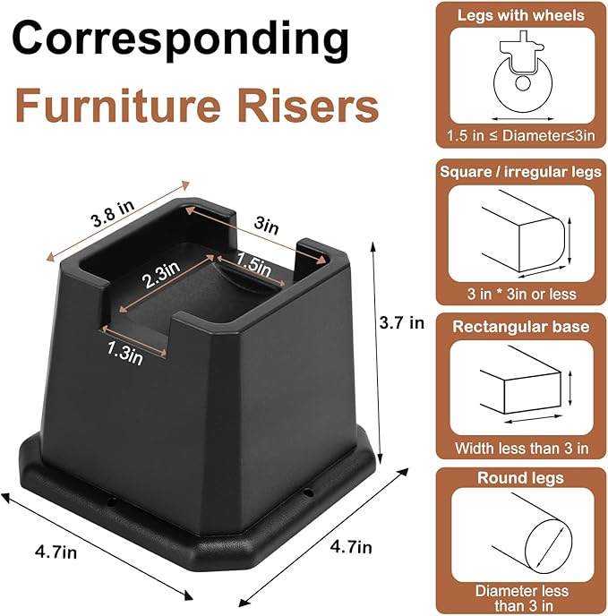 shouwuhho Bed Risers 3 inch, Furniture Risers Elevation in Heights 3 Inch Heavy Duty, Bed Lift Risers for Caster Wheels or Posts of Bed Table Couch, Support up to 6000 lbs, Black, 4 Pack