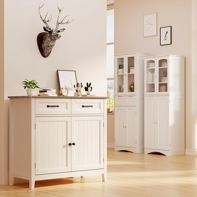 Gizoon Kitchen Sideboard Buffet Cabinet, 32'' H Large Kitchen Storage Island and Adjustable Shelf, Modern Coffee Bar Console Cabinet for Dining Room, Bathroom, Entryway, Grey