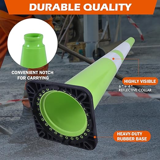 6 Pack 36 Inch Green PVC Traffic Cones with Black Base, Stable Large Size Safety Cones for Highway, Construction, and Outdoor Use (6, Green, 36 Inch)