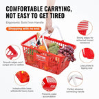 VEVOR Set of 20, 21L Red Plastic Grocery Basket with Handle and Stand, 16.5 x 11.8 x 8.27 inch Portable Shop Basket, Ideal for Retail Store, Supermarket, Grocery Shopping