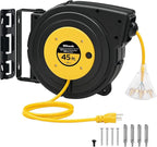 Retractable Extension Cord Reel, 45 FT Heavy Duty Power Cord, 12AWG/3C SJTOW, 3 Grounded Outlets Lighted Triple Tap for Ceiling/Wall Mount, 15 Amp Circuit Breaker, UL Listed, Yellow Y45CR06