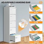 5 Drawer File Cabinet with Lock, Metal Filing Cabinets for Home Office, Vertical White Locking File Caninet, Steel Narrow Five Drawer File Cabnet for Letter/Legal / A4 / B4- Assembly Required