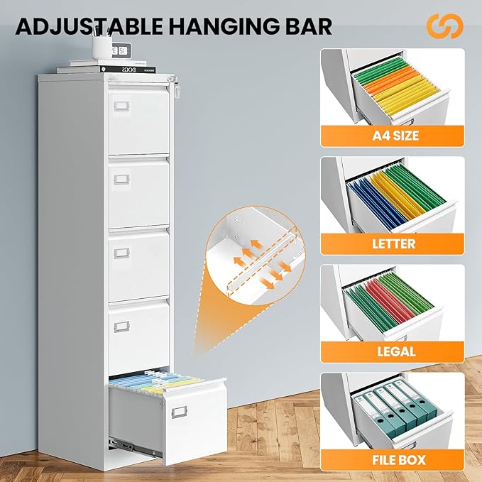 5 Drawer File Cabinet with Lock, Metal Filing Cabinets for Home Office, Vertical White Locking File Caninet, Steel Narrow Five Drawer File Cabnet for Letter/Legal / A4 / B4- Assembly Required