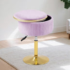 Adjustable Vanity Stool with Storage, 360° Swivel Makeup Stool Chair Small Velvet Round Ottoman with Gold Base for Bedroom (Purple)