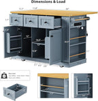 Rolling Kitchen Island with Drop Leaf & Power Outlet, Large Kitchen Islands Cart on Wheels, Movable Kitchen Island with 5 Open Storage Shelves & Towel Rack for Kitchen, Dining Room, 53-Inch, Grey Blue