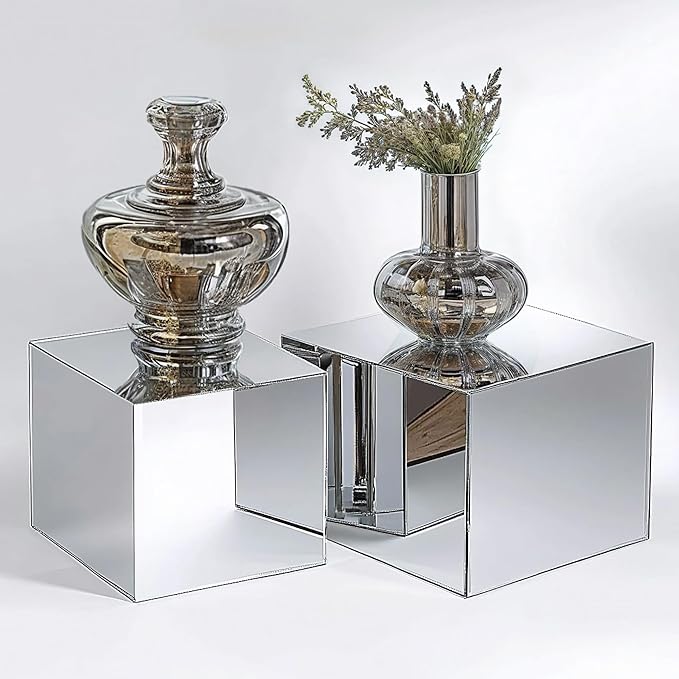 4Pcs Acrylic Risers Display Stands, Food Risers for Buffet Table, Acrylic Cube Mirror Risers for Catering Dessert, Jewelry Collectibles Party, Silver