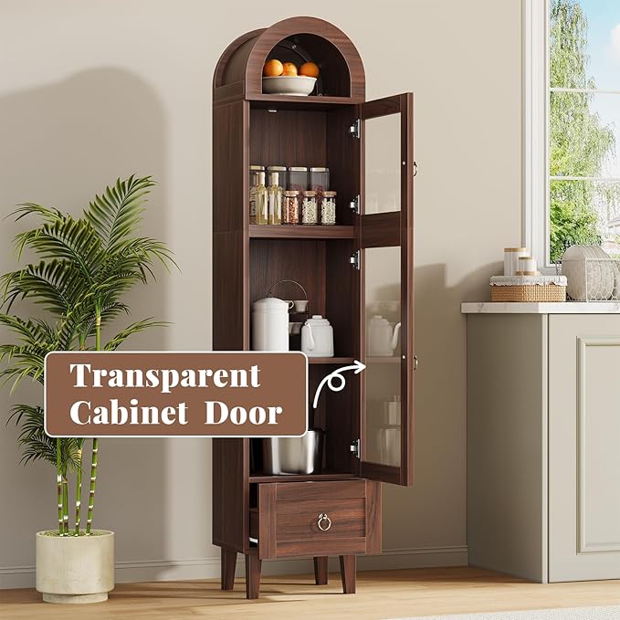 71” Tall Arched Pantry Cabinet with Glass Door, Display Cabinet Organizer with Drawer, Versatile Pantry with Top-Opening Storage Container for Living, Kitchen Dining Room, Brown