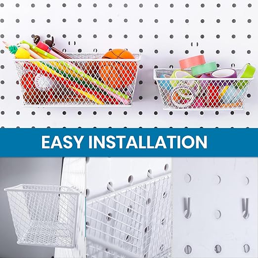 Sieral 4 Pcs Pegboard Baskets Metal Wire Shelf Baskets Peg Board Organizer Accessories Wall Mount Organizer Attachments for Garage Workbench Various Tool Accessories, 2 Sizes (White,Medium, Large)