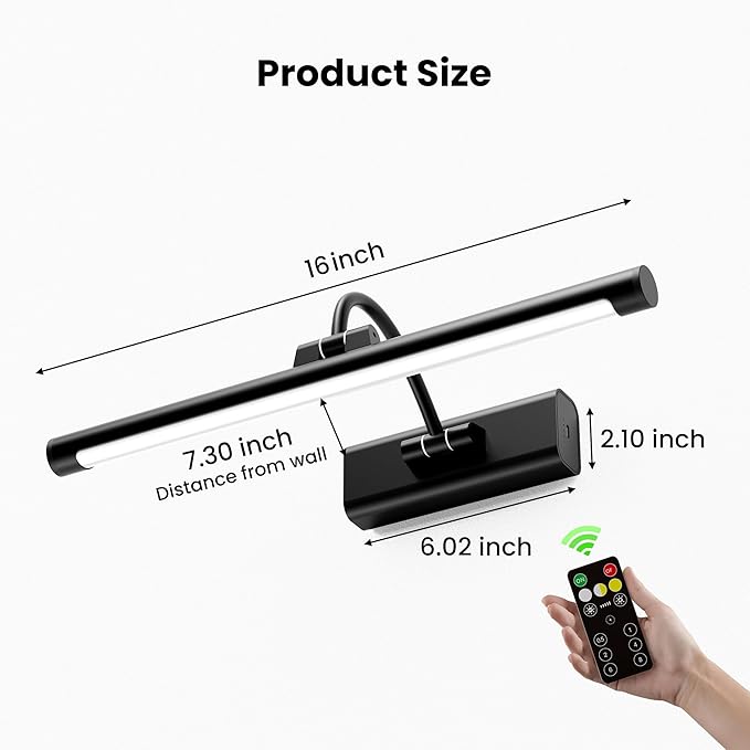 2 Pack Picture Lights for Wall 6000mAh - 16" Black Cordless Battery Powered Wall Mount Sconce with Dimmable Remote for Gallery Wall & Art Decor