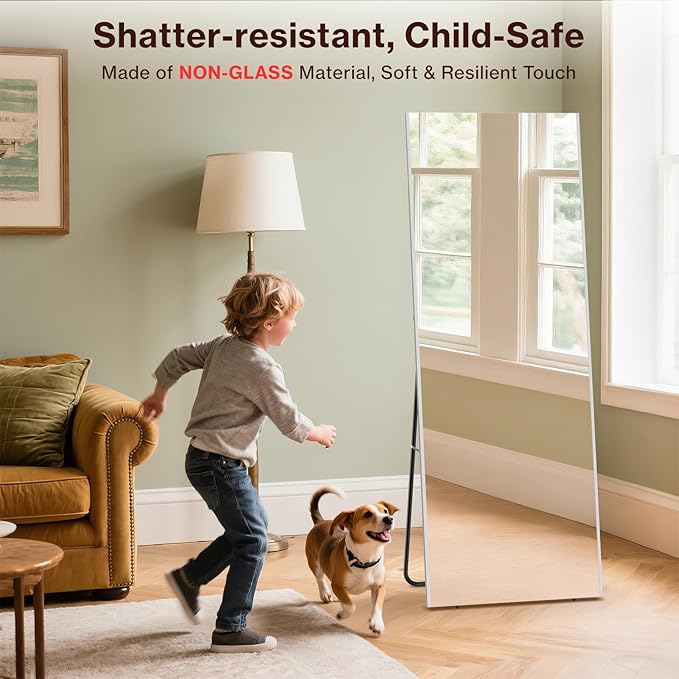 71"x26" Full Length Mirror with Stand, Lightweight & Easy to Move, Free-Standing Mirror for Dressing Room Bedroom, 3-in-1 Usage, Shatterproof Glassless Floor Mirror Kid & Pet Friendly (White)