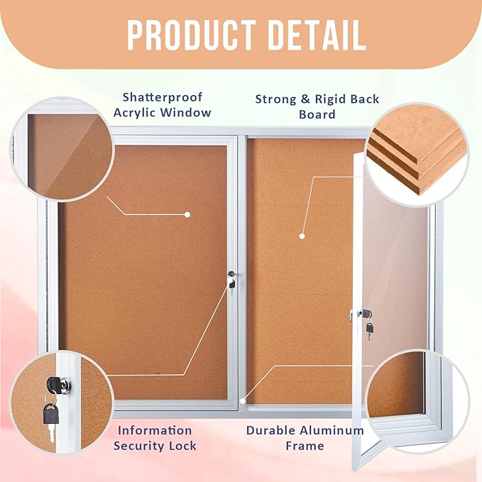 Enclosed Cork Bulletin Board 48"x36" Outdoor Weatherproof Cork Noticeboard with Locking Door Wall-Mounted Silver Aluminium Frame for Home, School, Office, Community, Hospital