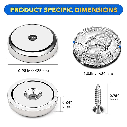 DIYMAG Neodymium Round Base Cup Magnet,60LBS Strong Rare Earth Magnetic with Heavy Duty Countersunk Hole and Stainless Screws for Refrigerator Magnets,Office,Craft,Etc-Dia 0.98 Inch-Pack of 12