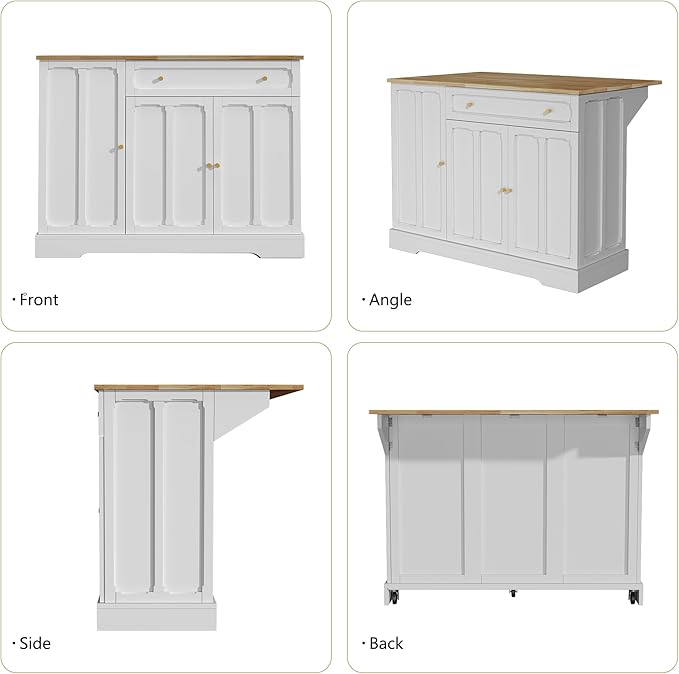 HLR Kitchen Island Cart with Storage, Carved Doors Modern Rolling Islands with Drop Leaf, Sideboard Buffet Cabinet on Wheels, Bar Table for Kitchen, Dining Room (White)