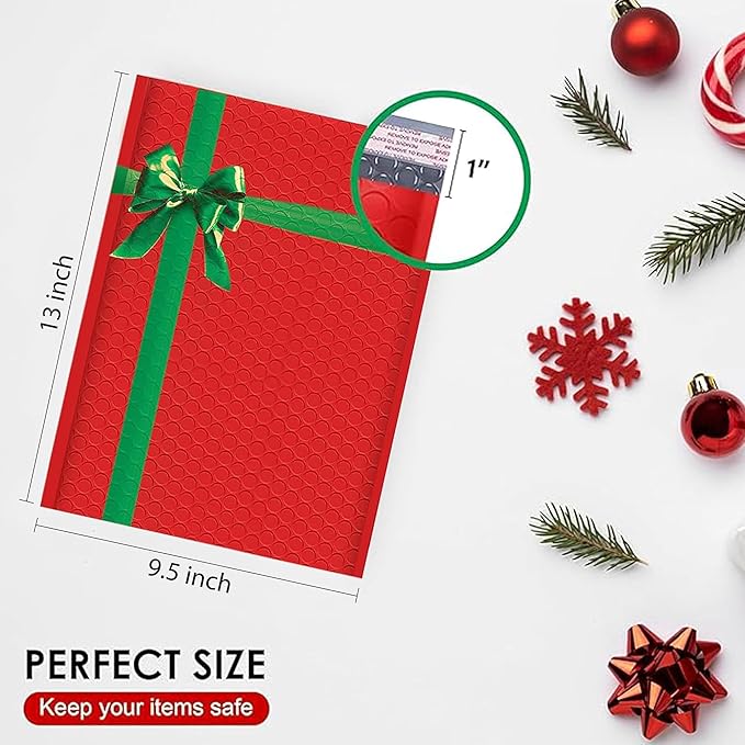 Christmas 10x13 Inch Poly Bubble Mailers |Self Seal Padded Envelopes for Thick books | Air Cushioned Bubble Mailer | Usable Size 9.5x13 Inch | Waterproof Lightweight Mailing | 100 Pack Bulk