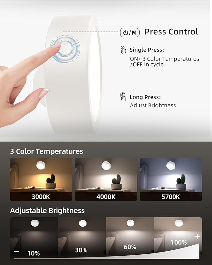 EZVALO LED Wall Mounted Lights, 5500mAh Rechargeable Wall Sconces Lamp, 3 Color Temps & Remote and Touch Control, 360°Rotation Dimmable Cordless Wall Light for Bedroom Reading Study (2 Pack White)