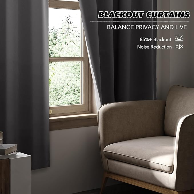 KGORGE Gray Short Blackout Curtains 45 inch Length, Privacy Thermal Insulated Curtains Noise Reducing Window Drapes for Living Room Kitchen, Back Tab Rod Pocket, W52 x L45 inches, Grey, 2 Panels