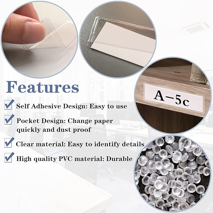 Self Adhesive Label Holders, ELEMGULY 52 Pcs Adhesive Shelf Tag Shelf Label Holder Clear Pocket Holder with Paper for Supermarket, Bookshelf, Kitchen (4.3 x 1.2 Inch)