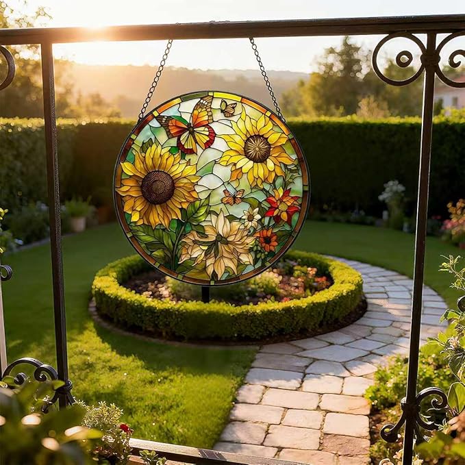 Stained Glass Window Hanging, Sunflower Sun Catcher Glass Panel with Metal Chain, 7.88’’ Indoor/Outdoor Art Decor for Home Garden, Women, Birthday, Christmas, Mother's Day