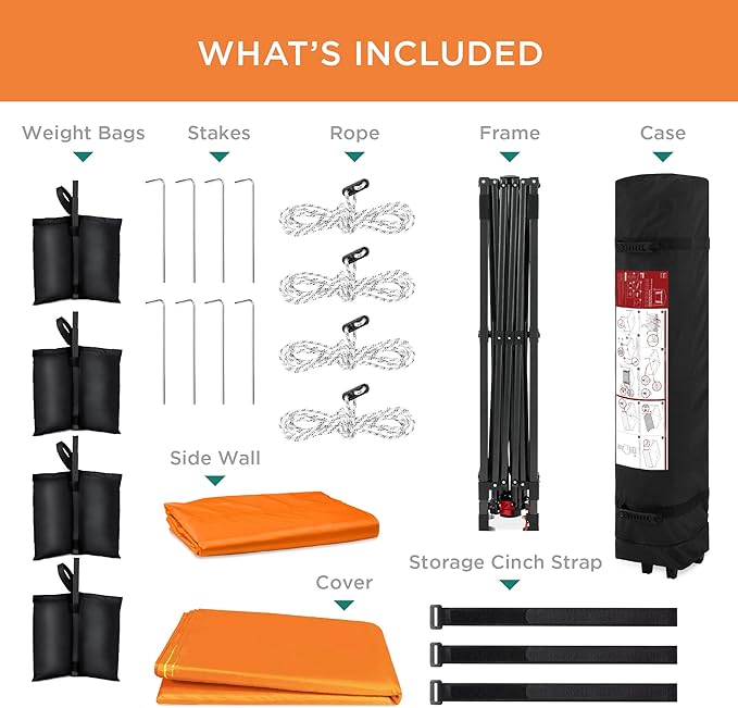Best Choice Products 10x10ft Easy Pop Up Canopy w/Side Wall, 10 Pockets, Portable Carrying Case, 1-Button Setup, 4 Weight Bags - Orange