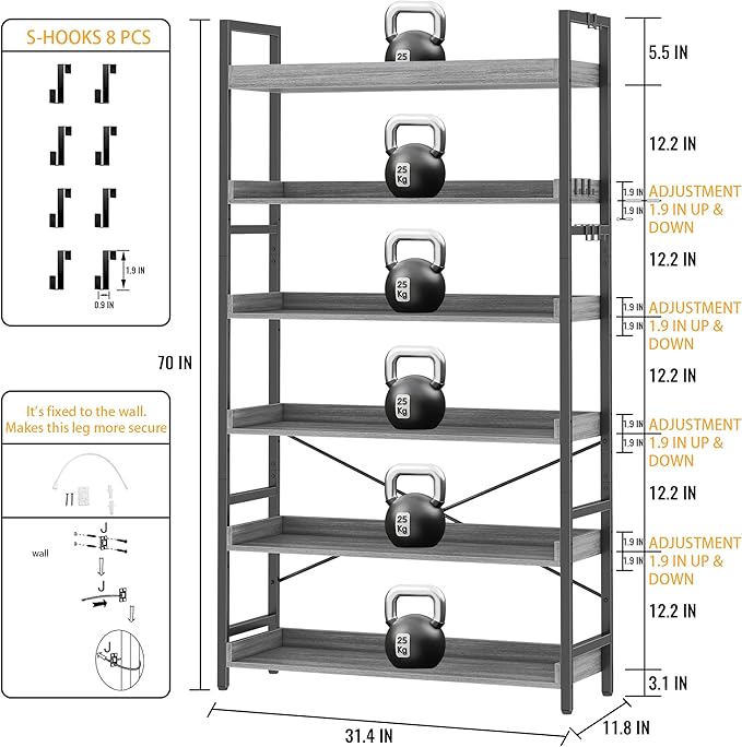HCHQHS Bookshelf, Adjustable Industrial Bookcase, Vertical Tall Book Shelf, Wood and Black Metal Open Bookshelves for Home Office, Living Room, Bedroom (Grey, 6-Tier (31" W x 70" H))