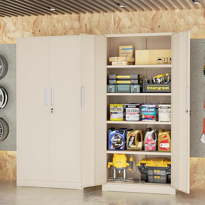 INTEGREAT Metal Storage Cabinet,71" Grey Office Metal Cabinet with Locking Doors and Adjustable Shelves,Steel Locking Cabinets for Office,Home,Garage,Gym,School