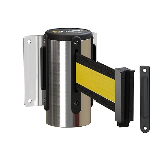 Montour Line WM115 Wall Mounted Retractable Belt Barrier with Standard Belt End, Fixed Mount, Polished Stainless Steel Casing (13 ft Black with Yellow Horizontal Stripe Belt)