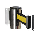 Montour Line WM115 Wall Mounted Retractable Belt Barrier with Standard Belt End, Fixed Mount, Polished Stainless Steel Casing (13 ft Black with Yellow Horizontal Stripe Belt)