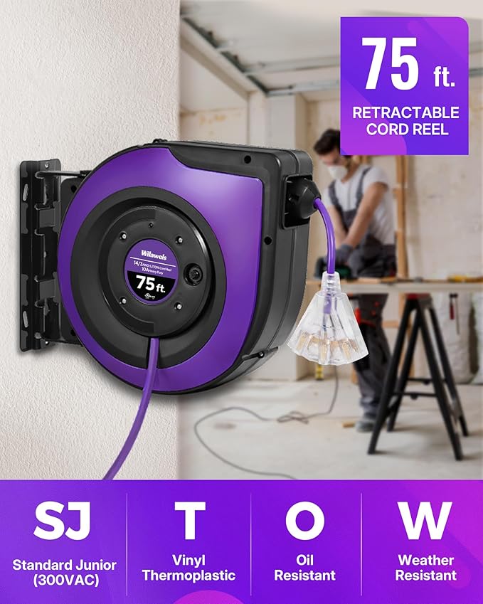 Extension Cord Reel, 75 FT Retractable Extension Cord Reel, 14AWG/3C SJTOW, Lighted Triple, 10A Circuit Breaker, Wall/Ceiling Mounted, Heavy Duty Power Cord, UL Listed, Purple P75CR06