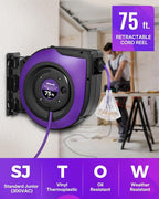 Extension Cord Reel, 75 FT Retractable Extension Cord Reel, 14AWG/3C SJTOW, Lighted Triple, 10A Circuit Breaker, Wall/Ceiling Mounted, Heavy Duty Power Cord, UL Listed, Purple P75CR06