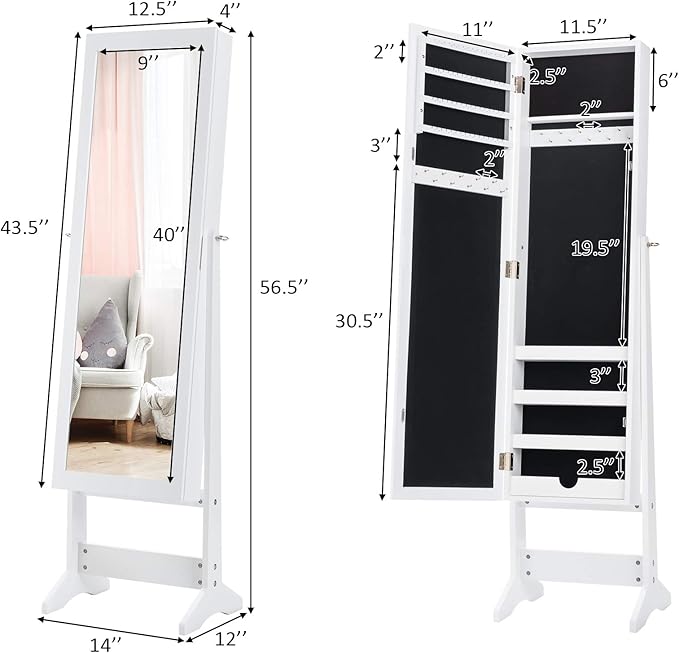 Giantex Jewelry Cabinet with Full-Length Mirror, Standing Jewelry Armoire Organizer with 64 Earring Slots, 72 Ring Slots, 20 Necklace Hooks, 4 Storage Shelves, 3 Angle Adjustable (White)