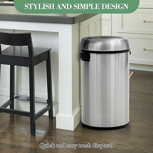 17 Gallon/65L Trash Can, Heavy Duty Stainless Steel Swing Top Trash Can, Fingerprint-Proof Round Kitchen Trash Bin with Swing Lid, Commercial Garbage Can for Restaurant, Home, Office(Silver)