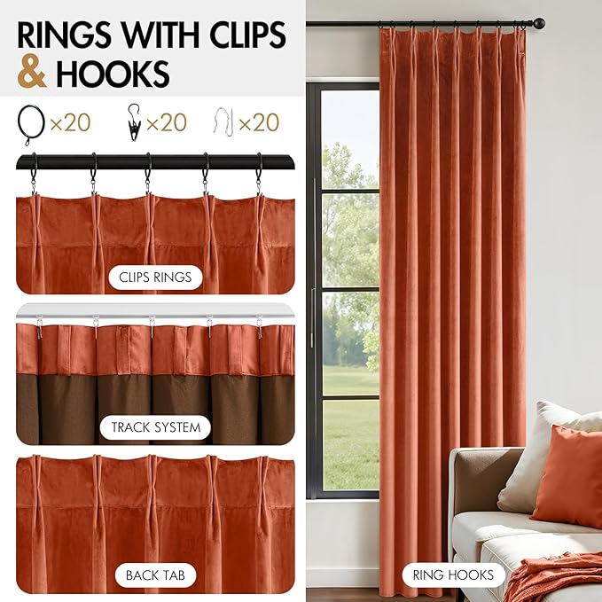 MIULEE Terracotta Velvet Curtains 90 inches Long, Pinch Pleated Blackout Fall Drapes with Hooks, Thermal Insulated Pinch Pleat Panels for Bedroom Living Room, 2 Panels