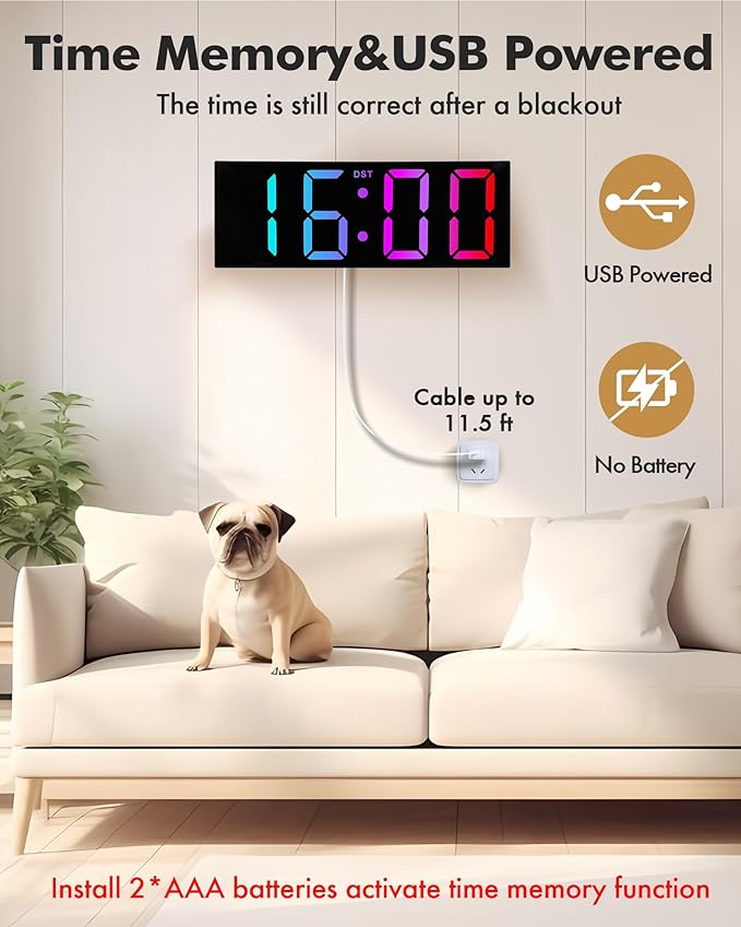 Alampan 12" Large Digital Wall Clock with Remote Control, USB Powered, Corded RGB LED Clock with Full Screen Display, Big Numbers, for Classroom, Living Room, Elderly, Wall Mounted, DST, KSJ-01, Black