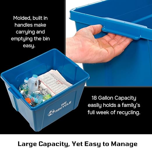 Curbside 18 Gallon Blue Recycling Bin with Carrying Handles for Homes or Businesses | Easily Recognizable from The Curb | High-Capacity, Stackable - Single Unit - Blue
