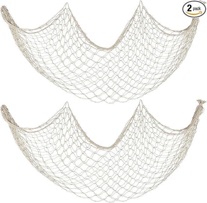 Decorative Fishing Net 2 Pack, 5x10 ft Large Beige Fish Net Decor for Wall, Photo Display, Nautical Mermaid Pirate Ocean Themed Beach Hawaii Under The Sea Party Decorations