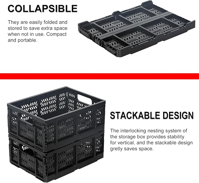 Heavy Duty Plastic Milk Crates for Storage, 4-Pack Stackable Storage Bins for Organizing, Collapsible Storage Basket with Handle for Groceries, Suitable for Home Office School Store, Black