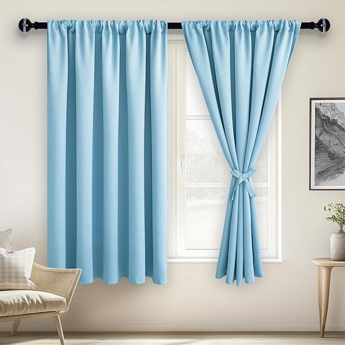 JIUZHEN Blackout Curtains for Bedroom - 60 Inch Extra Wide Thermal Insulated Room Darkening Privacy Soundproof Curtains for Living Room/Dorm Room, Set of 2 Panels, 60 x 63 inches,Light Blue