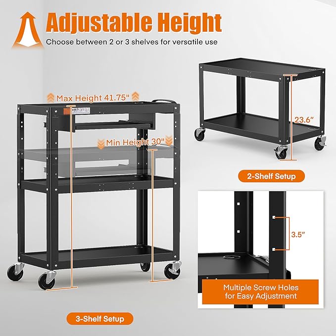 Extra-Large 3-Tier Utility Cart with Built-in Power Strip – Heavy-Duty 14-Gauge Steel Rolling Cart for Office, Workshop, or Classroom – 300 Lb Capacity (34" x 18" x 41.75")