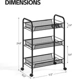 Metal Rolling Utility Cart, 3-Tier Mesh Wire Storage Trolley with Easy Assembly, Organizer Craft Cart 3 Hooks, Mobile Shelving Unit for Kitchen, Bathroom, Laundry Room, and Home