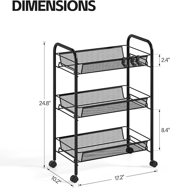 Metal Rolling Utility Cart, 3-Tier Mesh Wire Storage Trolley with Easy Assembly, Organizer Craft Cart 3 Hooks, Mobile Shelving Unit for Kitchen, Bathroom, Laundry Room, and Home