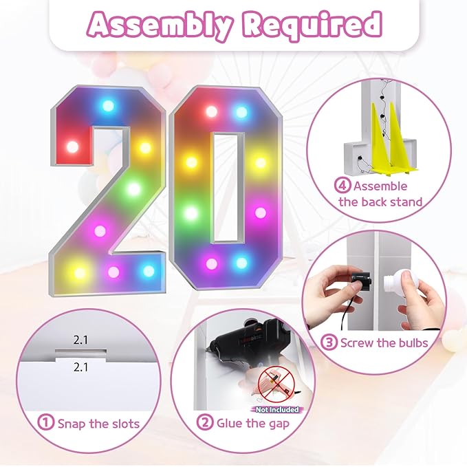 Marquee Numbers 20th Birthday Decoration: Colorful 3FT Large Light Up 20 Year Old Birthday Decorations Anniversary Backdrop Cardboard Sign 18 Colors Number 20 Mosaic Balloon Frame