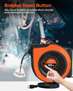 Retractable Cord Reel, 60 FT Heavy Duty Extension Cord, 12AWG/3C SJTOW, 3 Grounded Outlets Lighted Triple Tap, 15A Circuit Breaker, Wall/Ceiling Mounted, UL Listed, Orange B60CR06