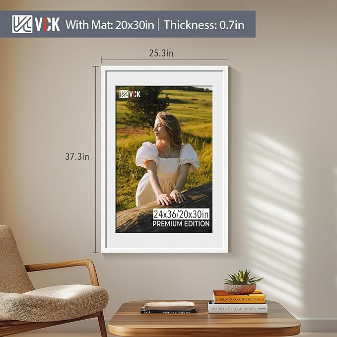 VCK 24x36 Poster Frame White - with Mat 20x30, Textured Exclusive Solid Wood Picture Frame, Horizontal and Vertical Formats with Included Hanging Hardware - 2 Pack